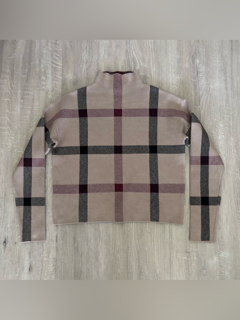 TAHARI Women’s Small Plaid Mock Neck Sweater Beige Long Sleeve Knit Preppy Tan